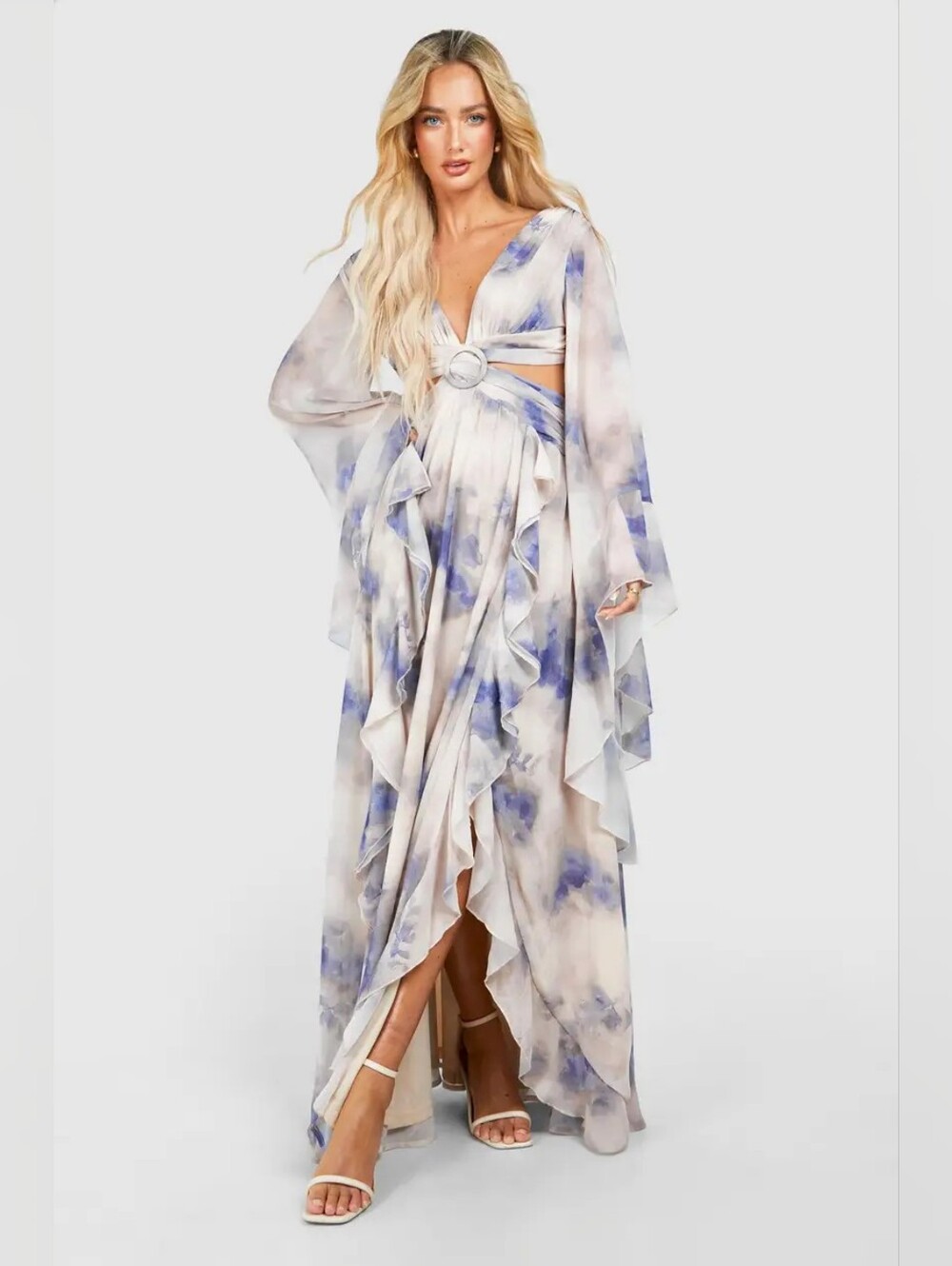 Boohoo Floral Watercolor Cutout Ring Ruffle Cape Sleeve Maxi Dress US 14